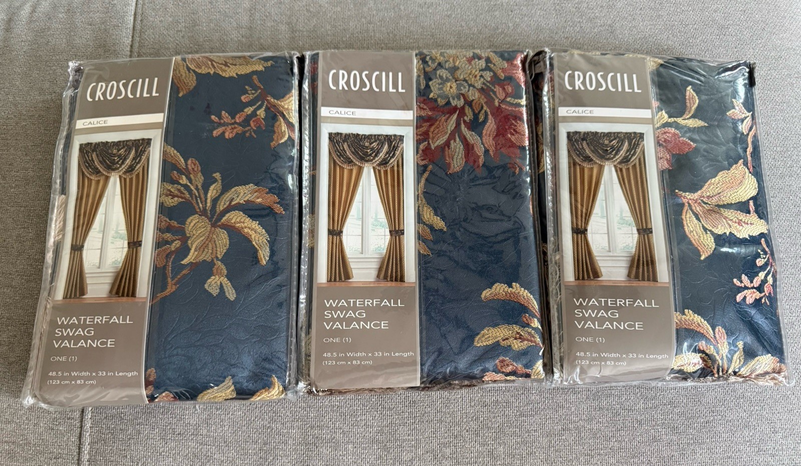 3 Croscill CALICE Waterfall Swag Valance Valances Fringe Tassels Blue Brand New
