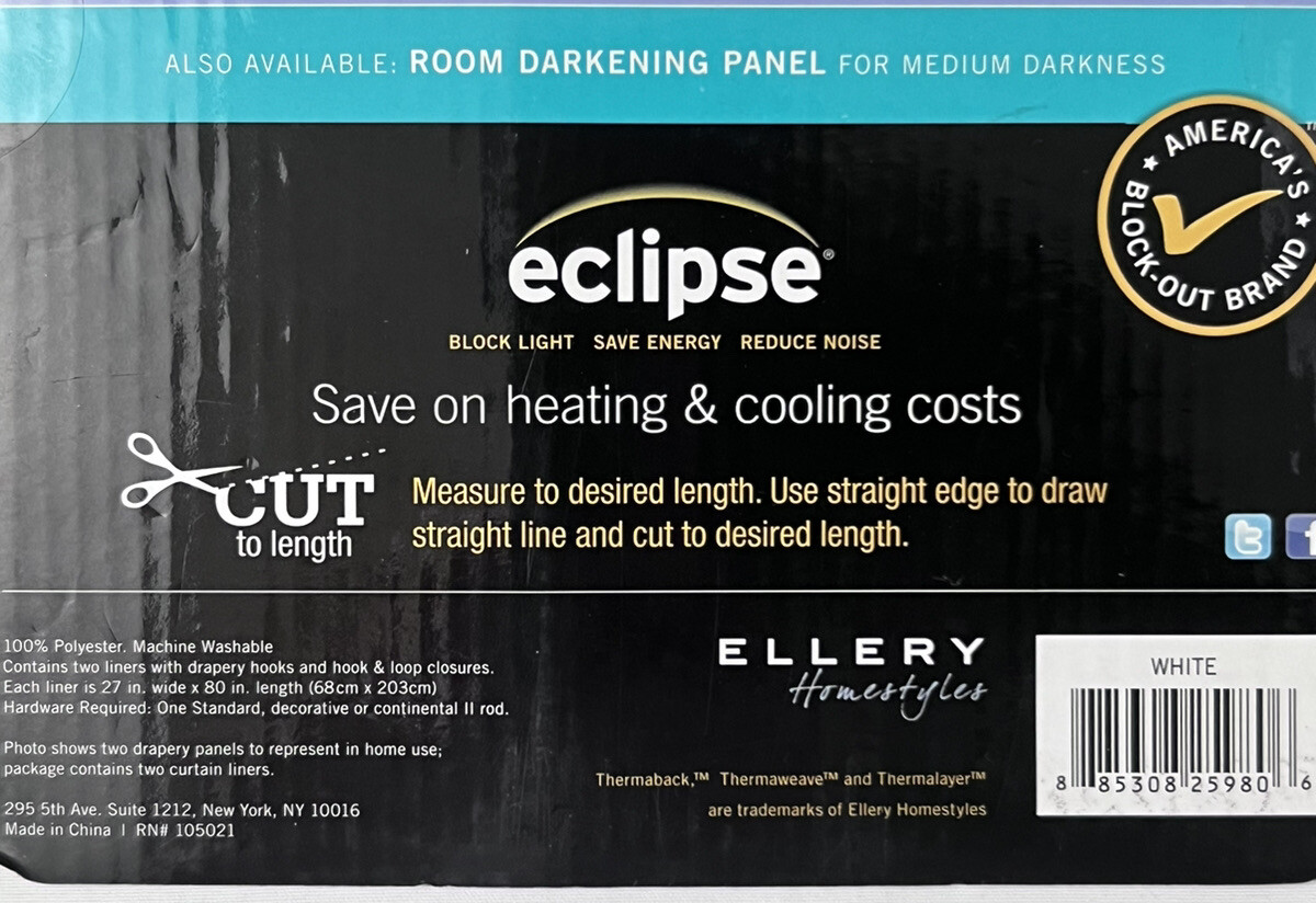 Eclipse 80″ Black Out Liner Panel 2 Panels 54″x80″New White