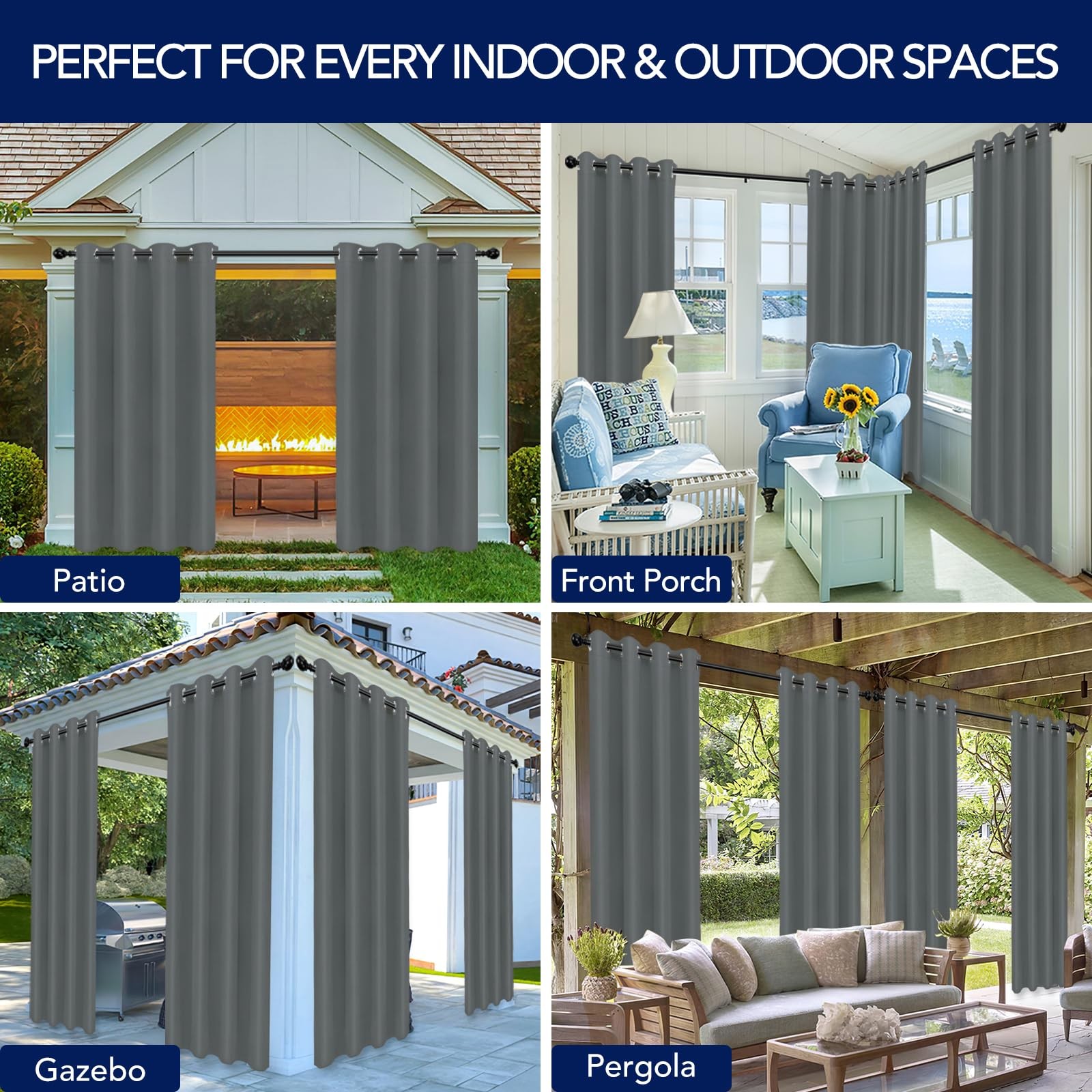 PureFit Outdoor Curtains for Patio Waterproof 52″W x 84″L (Pack of 1), Grey
