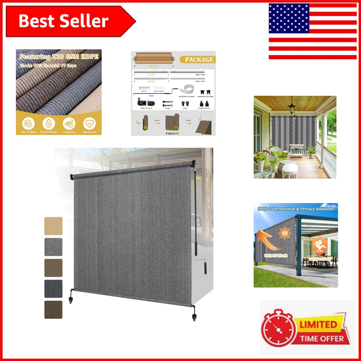 Stylish 8′ W x 8′ H Outdoor Roller Blinds – Easy Install & Cordless Design