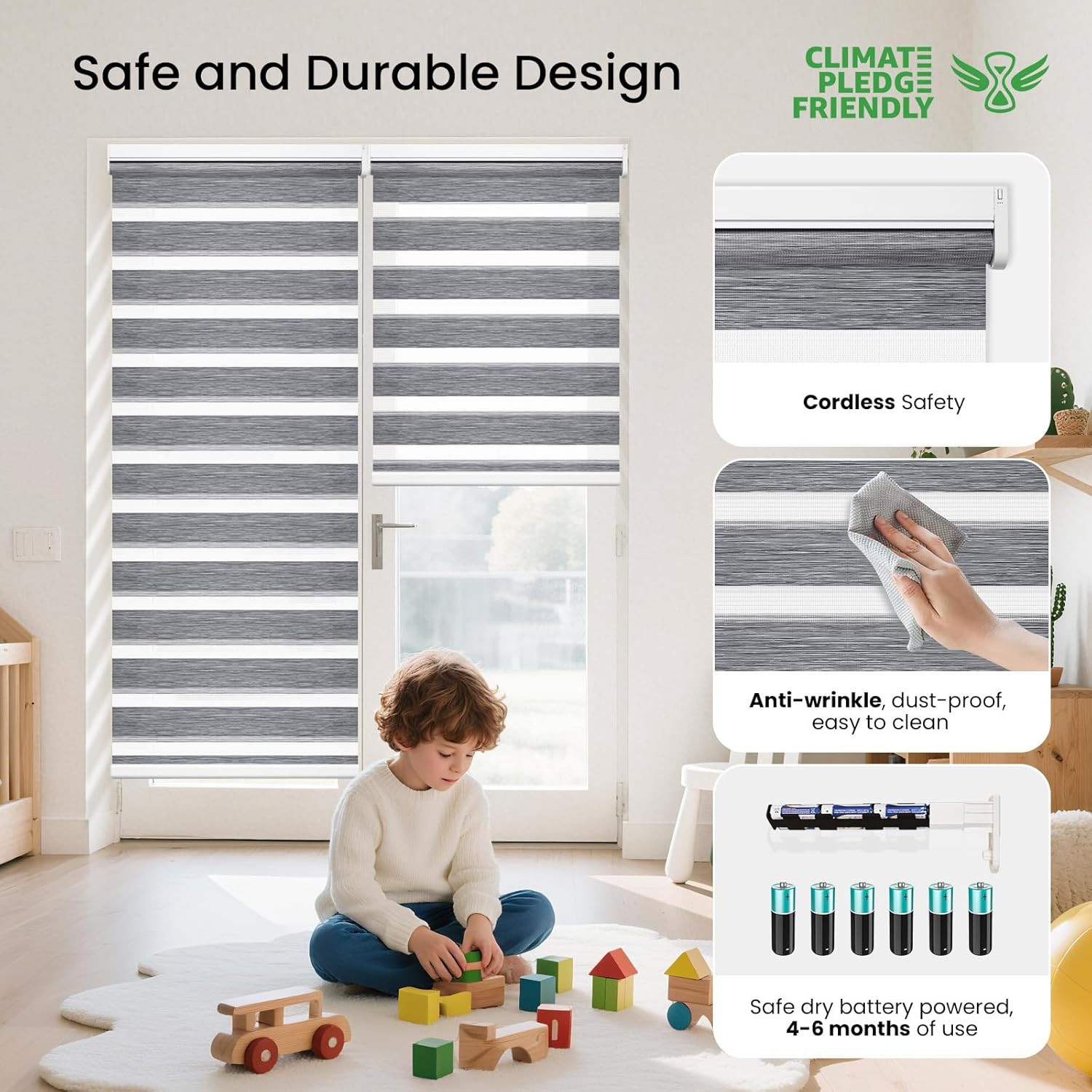 Smart Motorized Zebra Blinds with Remote Control – Hemp Grey 32″x72