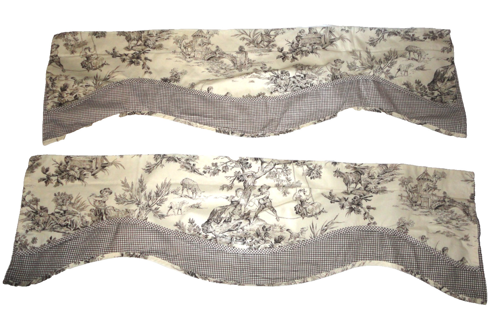 WAVERLY COUNTRY TOILE BROWN CREAM GINGHAM SWINGS MULES (2) VALANCES 14X50
