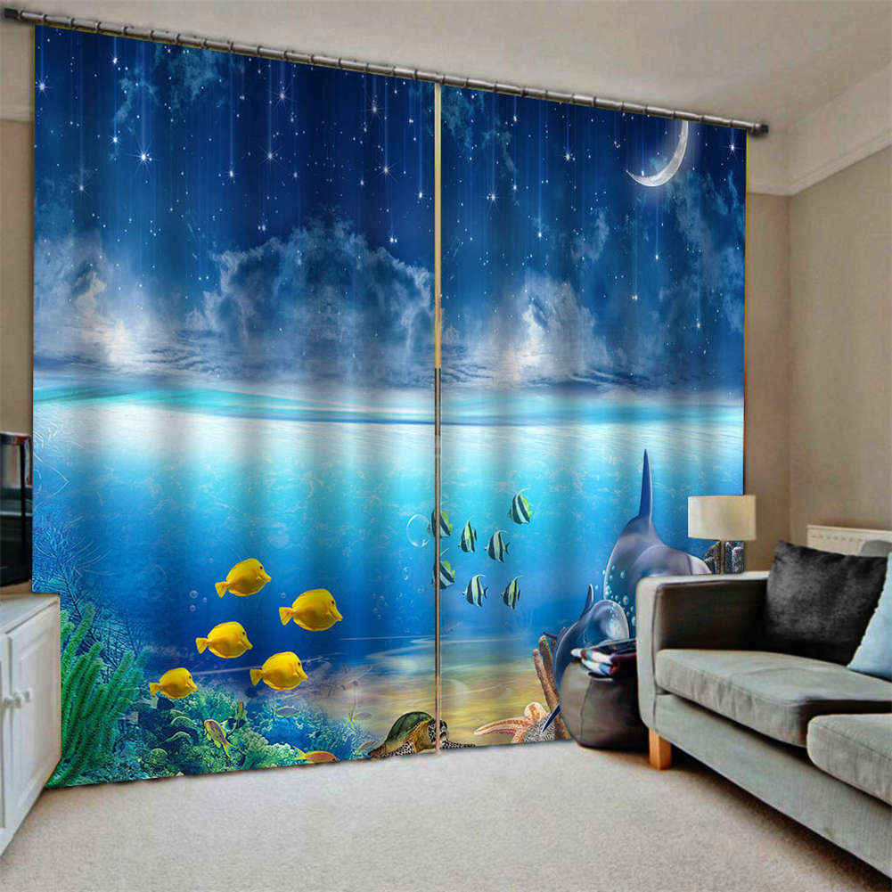 Yellow Bubble Fish Sand Blue Water Printing 3D Blockout Curtains Fabric Window