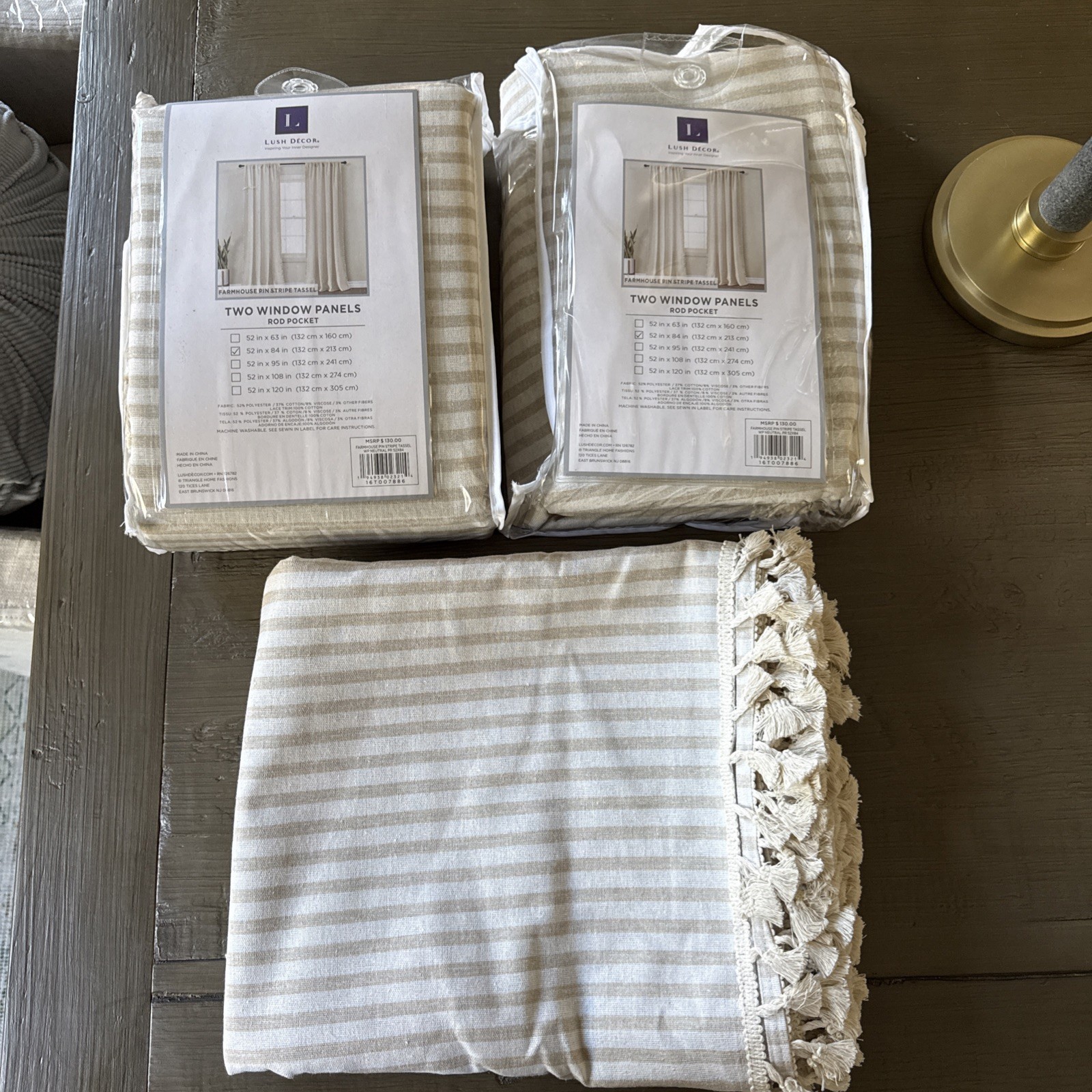 2 Pairs Lush Decor 52”W x 84”L Farmhouse Pin Stripe Tassel Rod Pocket Panels