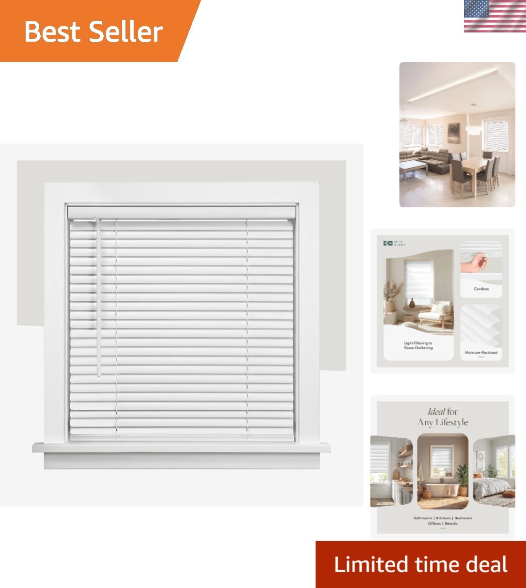 Moisture-Resistant Mini Blinds, 34″ W x 48″ H, Perfect for Kitchens & Bathrooms