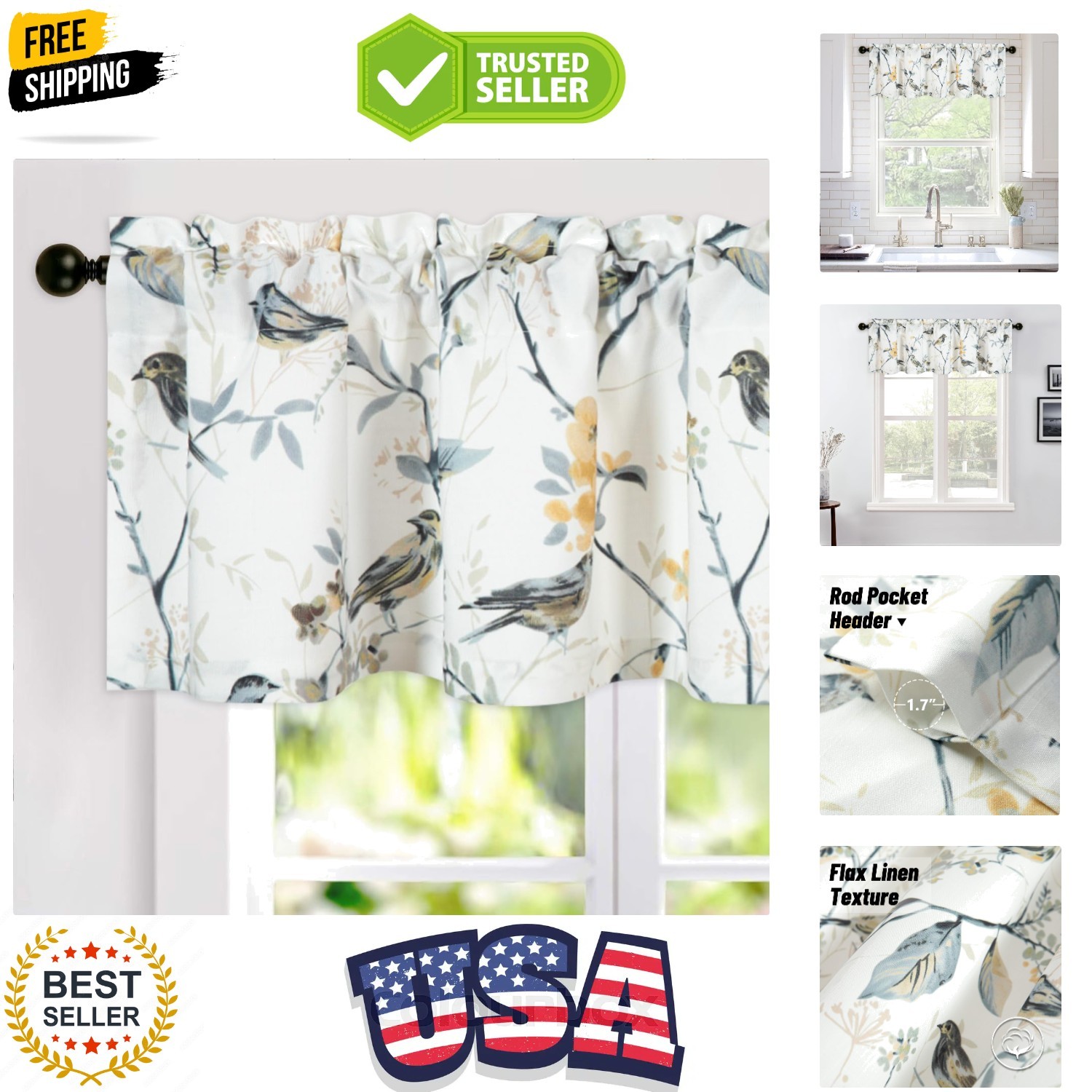 Birds Printed Valance Curtains, Country Style Linen Textured Thick Drapes for…
