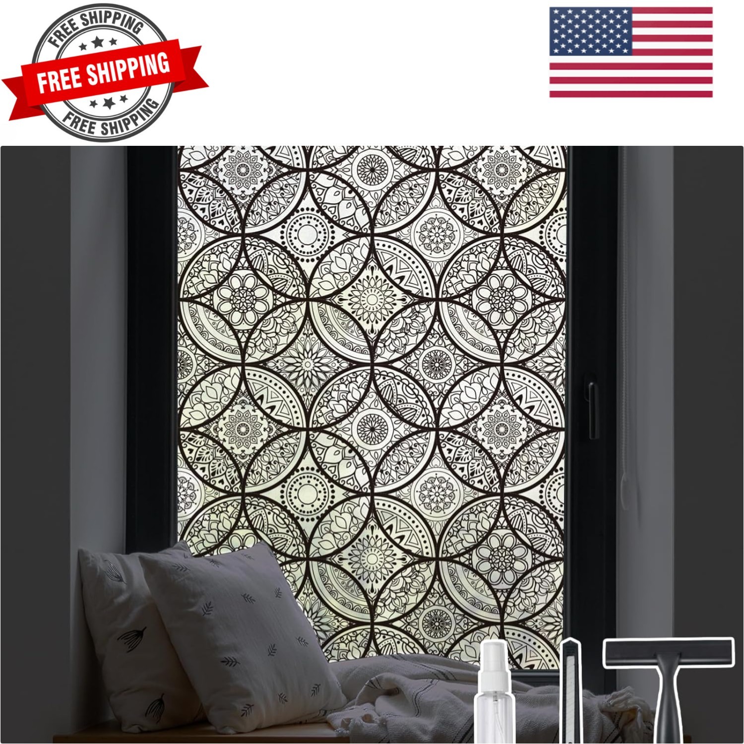 Boho Stained Glass Look Window Privacy Film with Installation Tools, Decorati…