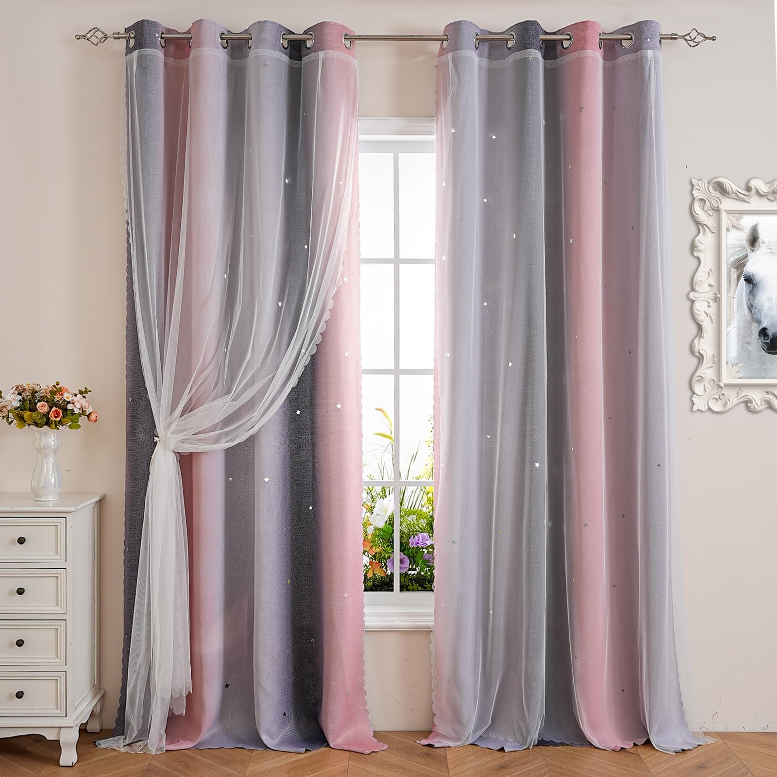 Pink and Grey Curtains Nursery Curtains for Bedroom Star Blackout Window Curt…