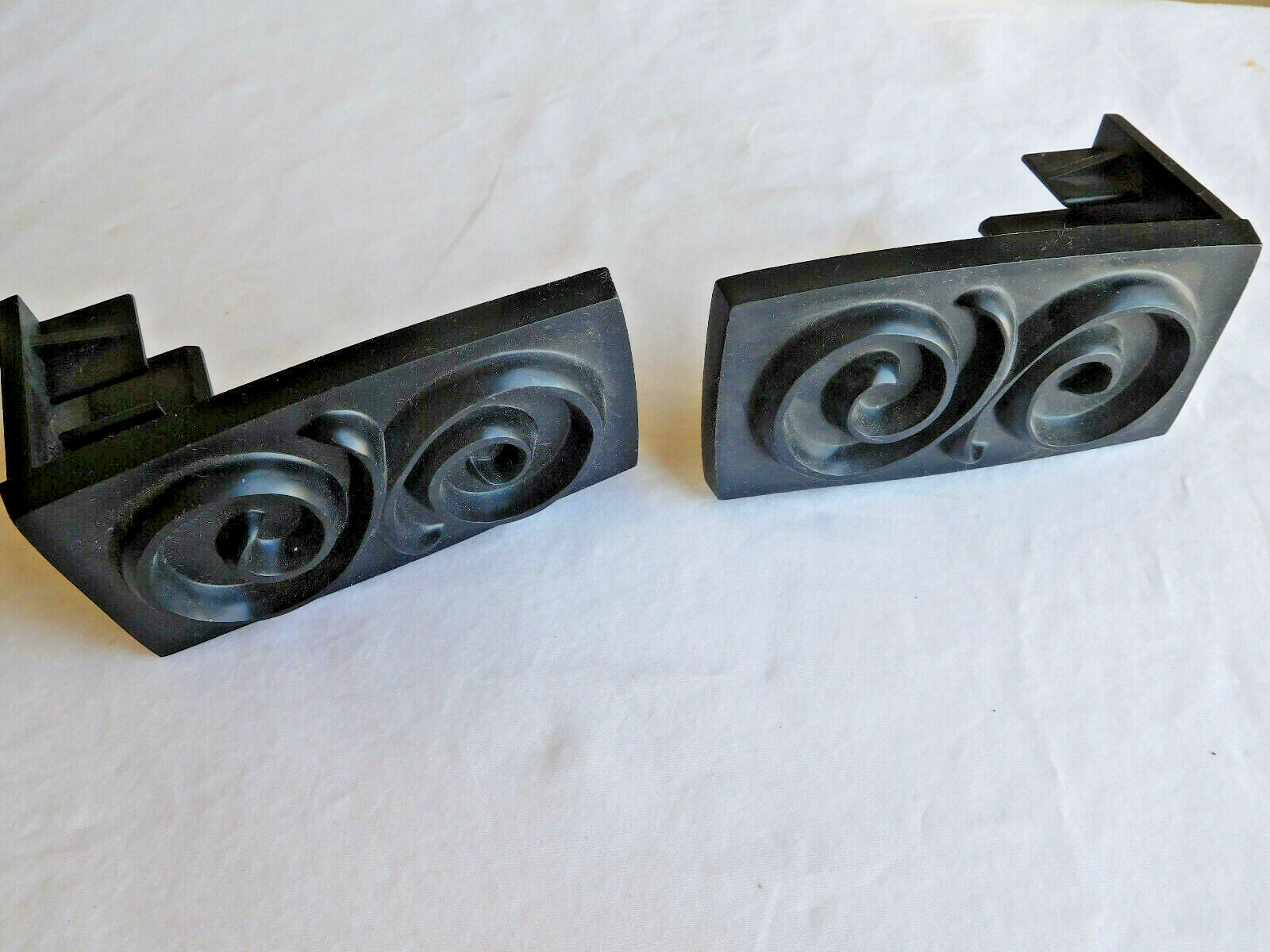 1 pair pr Plastic CURTAIN Drapery rod rectangular FINIALS vintage Black w/SWIRL