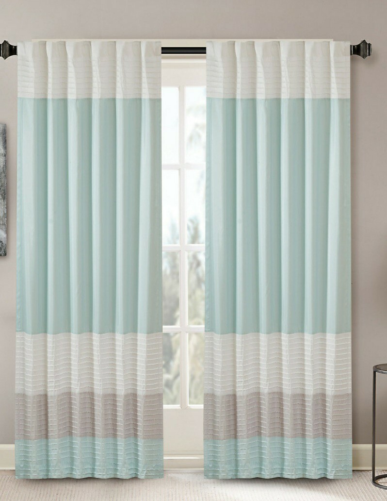 NEW! MADISON PARK Window Curtain 1 Panel 50″x84″ Pintuck Detail Aqua Ivory Gray