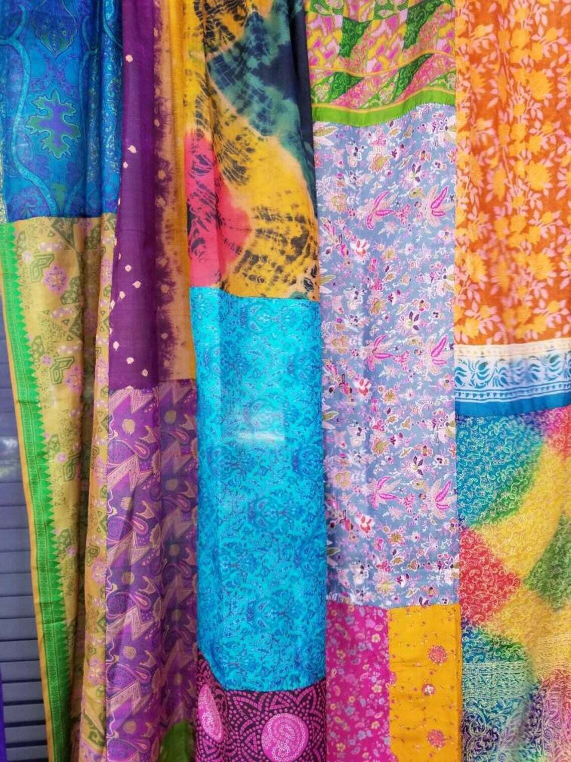 2 Pcs Indian Sari Patchwork Curtain Drape Window Decor Multi Silk Sari Curtain