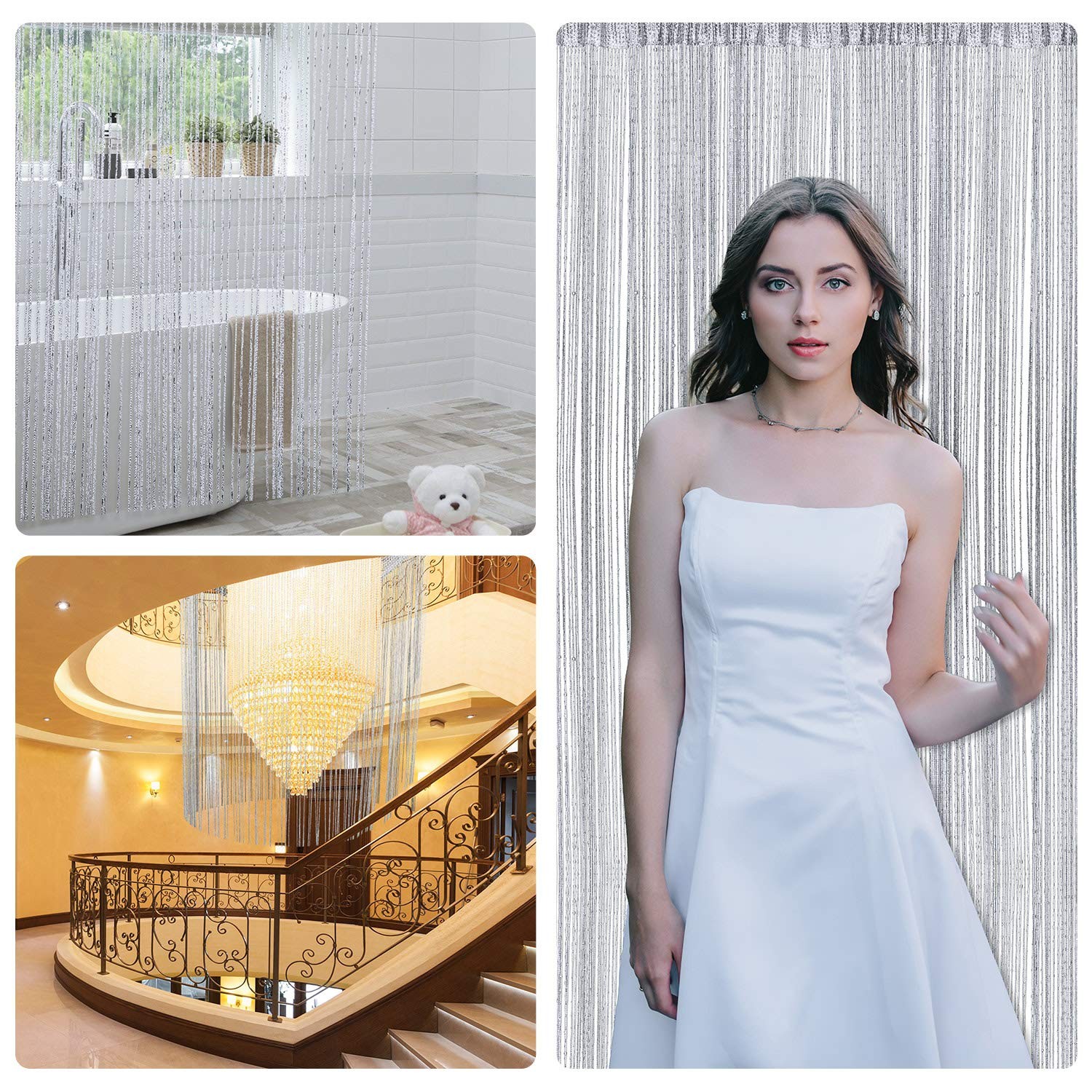 WILLBOND 4 Pieces String Curtains Glitter Fringe Curtains for Window 79 x 39 Inc