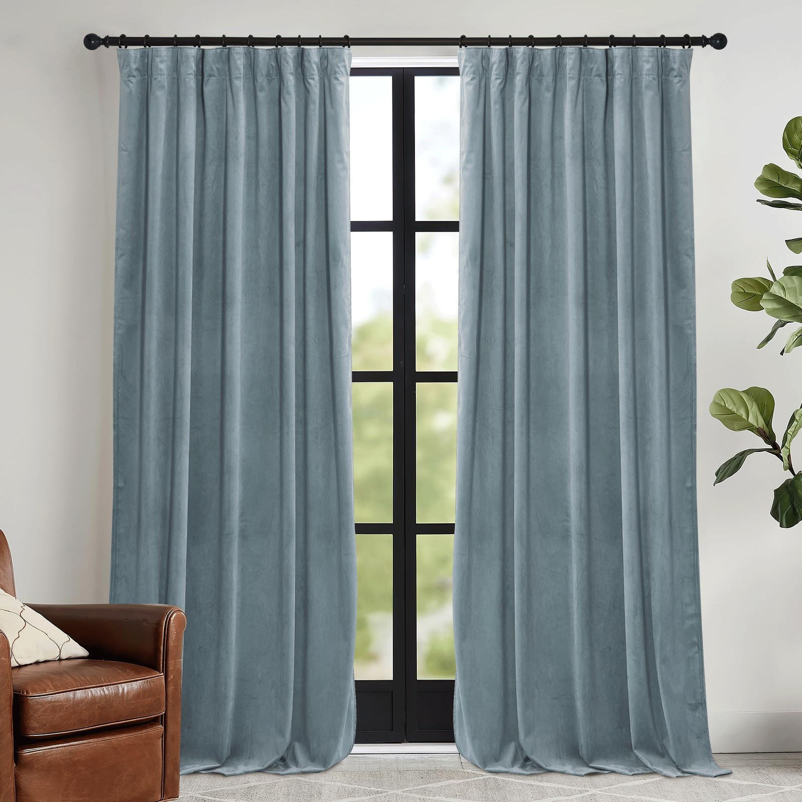 RYB HOME Stone Blue Velvet Curtains 90 52″W x 90″L (Pack of 2),