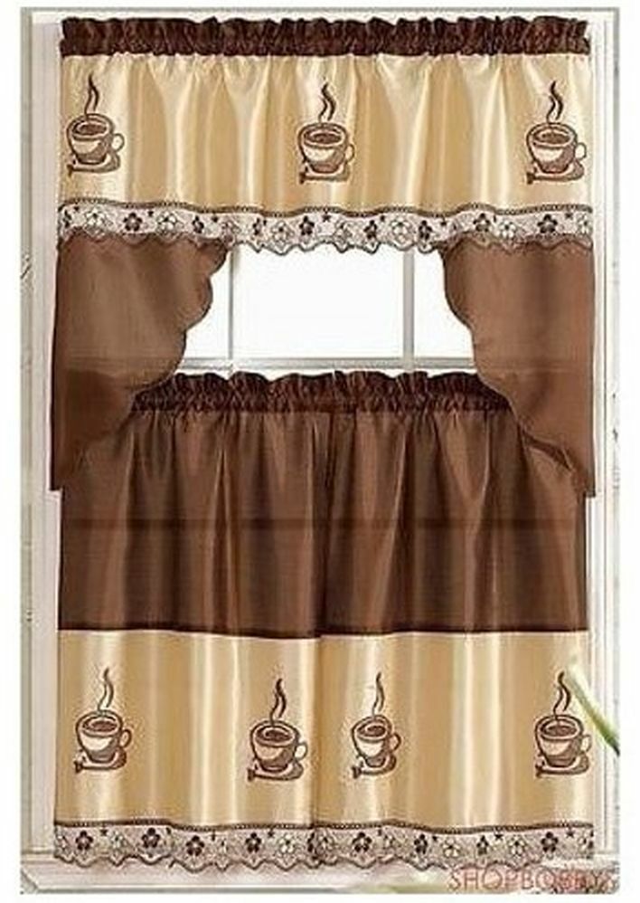 3 pc.Embroidery Curtains Set: 2Tiers (30″x36″) & Swag (60″x36″) COFFEE CUPS, ST