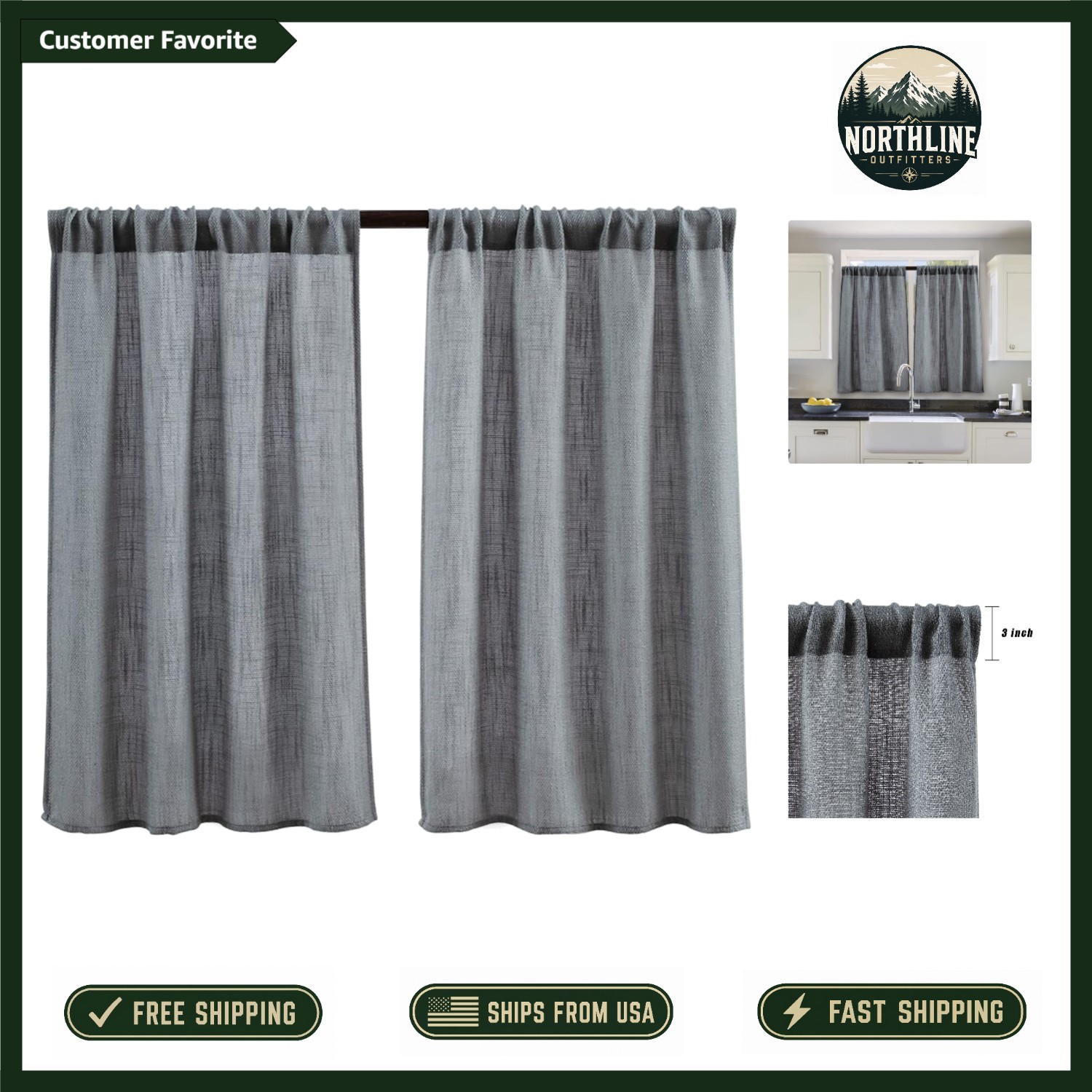 Elegant Grey Burlap Look Short Curtains – 45″ Rod Pocket Panels for Kitchen