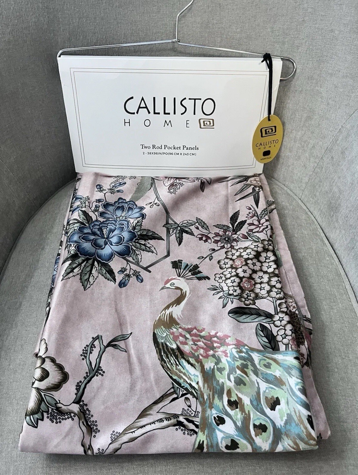 1-NWT CALLISTO HOME PEACOCK PRINT CURTAINS SET OF 2 PANELS SIZE 38”x 96”