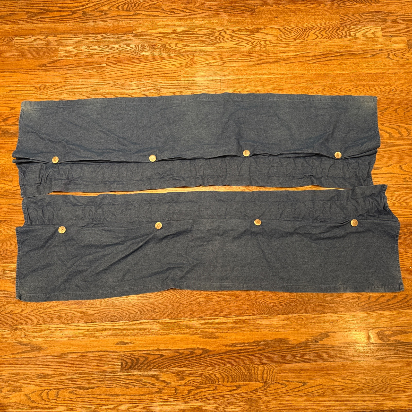Blue Faded Denim Set Of 2 Curtains Valence 100% Cotton Wood-like Button Accents