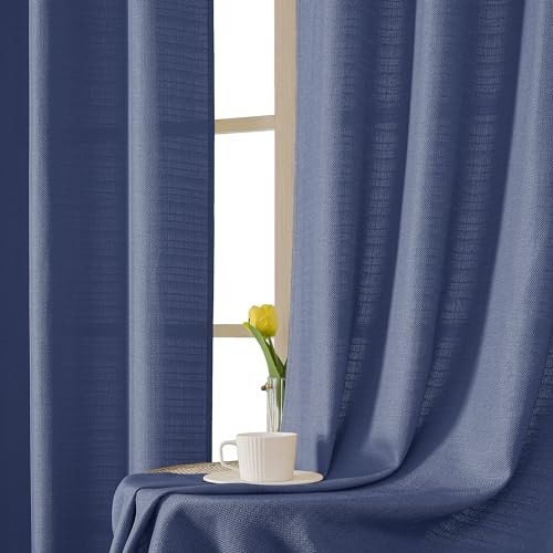 Bennet Blue Curtains 45 Inch Length 2 Panels, Faux Linen Textured Semi Sheer