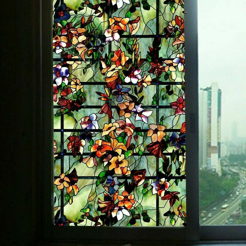Opaque 3D Static Cling Window Film Frosted Stained Camellia Glass Sticker Decor