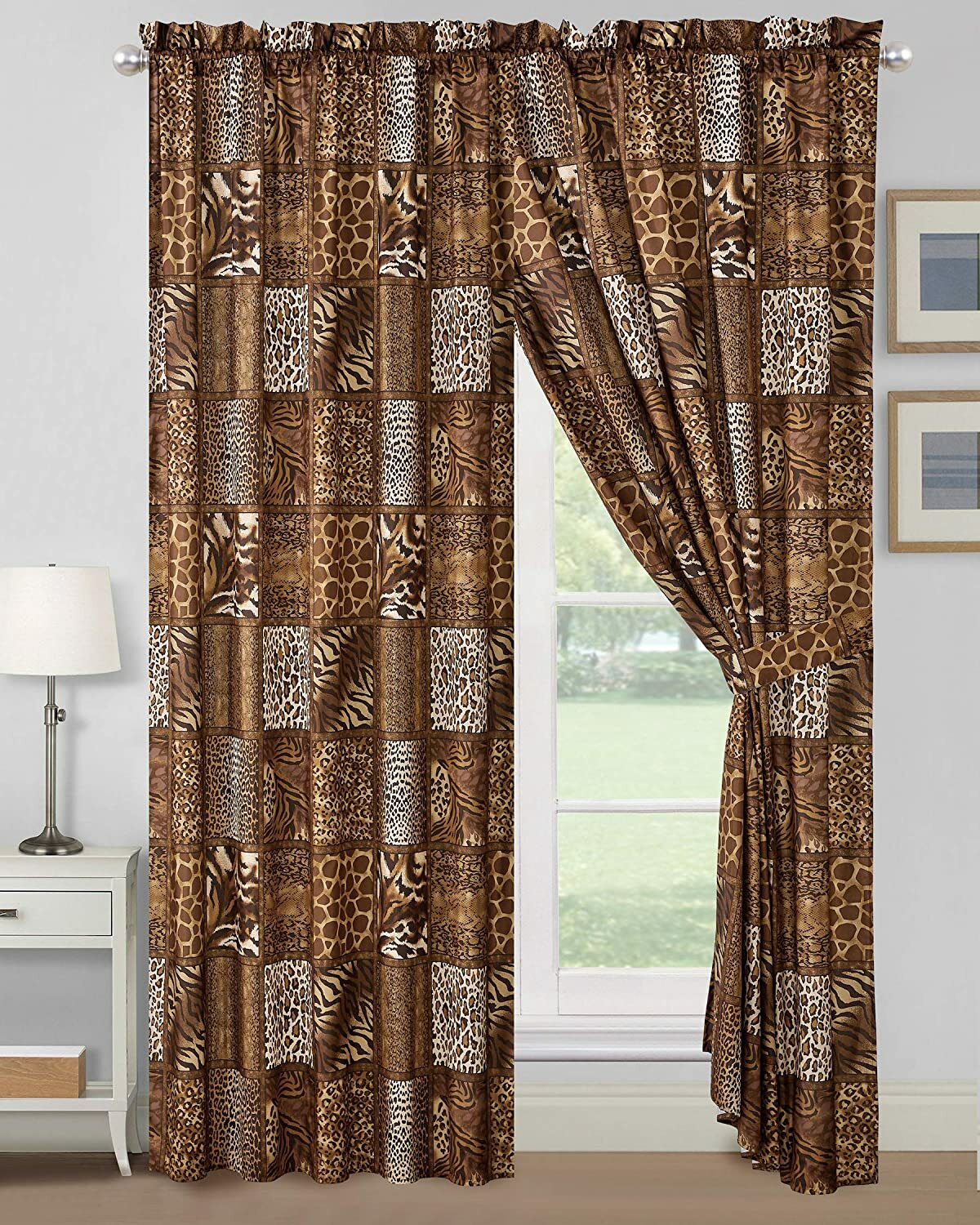 4 pc Brown Patchwork Jungle Safari Animal Window Curtains Panels Drapes 84 in L