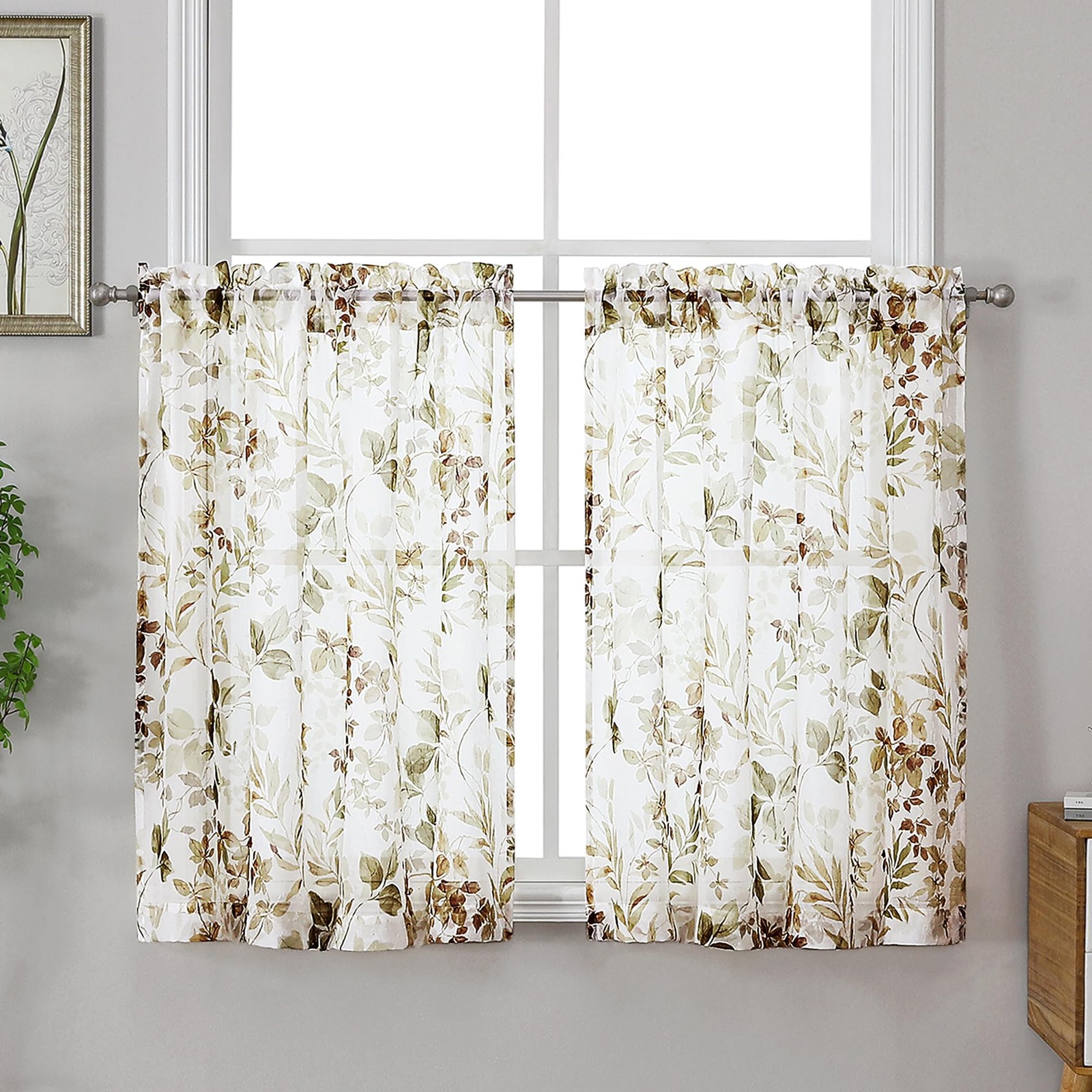 OWENIE Crushed Sheer Curtains Tiers 36 Inch Length 2 Panels, Printed Design S…