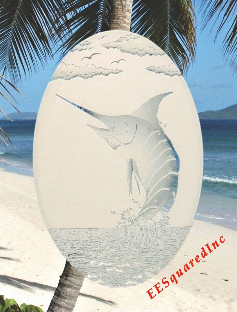 Marlin Window Decal for Glass – OVAL 15×23 Static Cling Tropical Fishing Decor