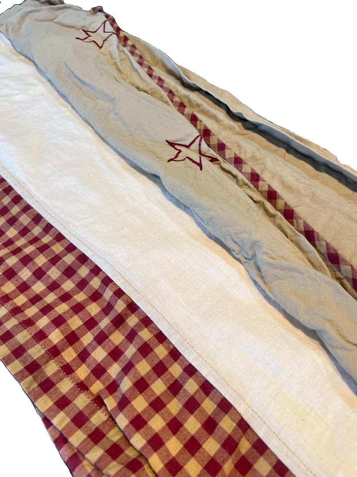 Primitive Country Red & Tan Gingham Checkered Star Pattern Valance 13.5 X 68”