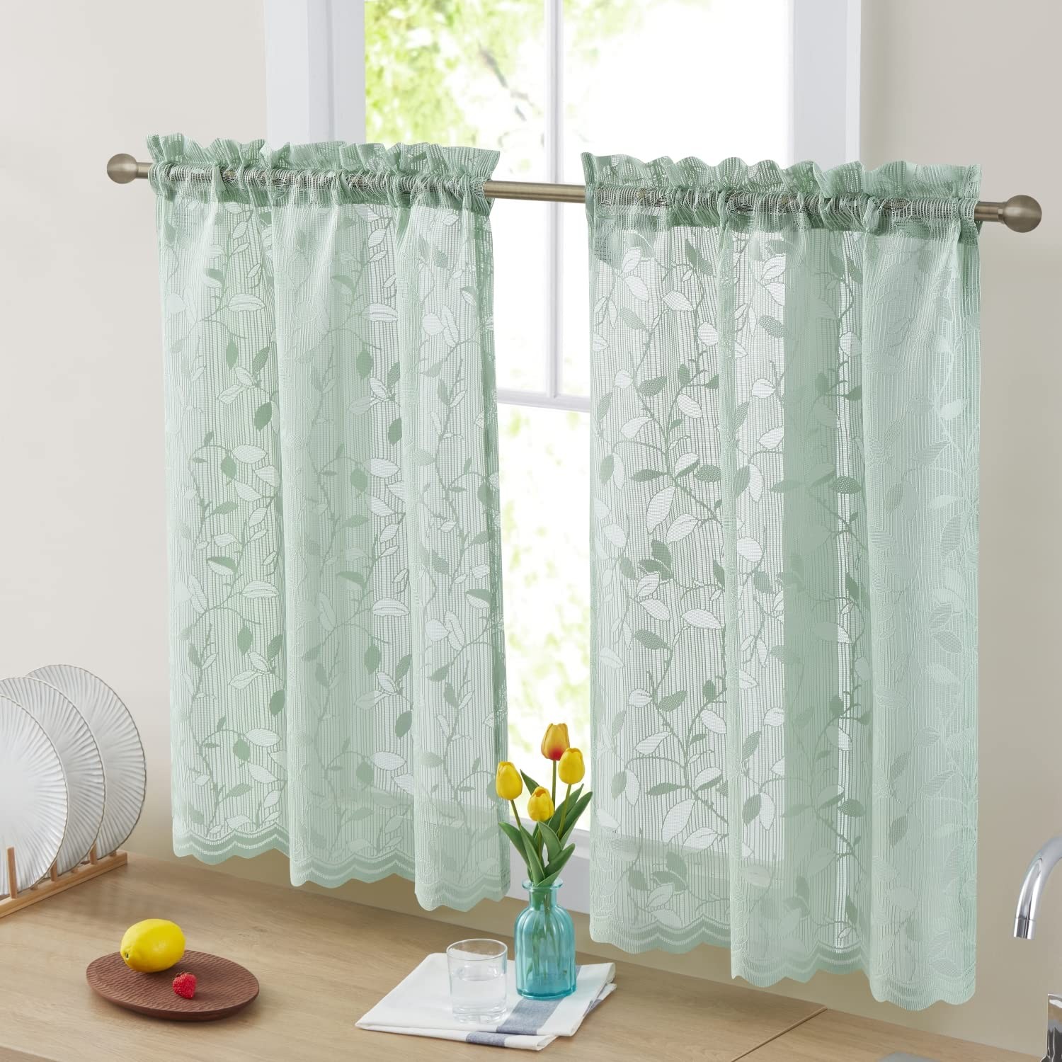 HLC.ME Joyce Lace Sheer Kitchen Cafe 30″W x 36″L (Pack of 2), Seafoam Green
