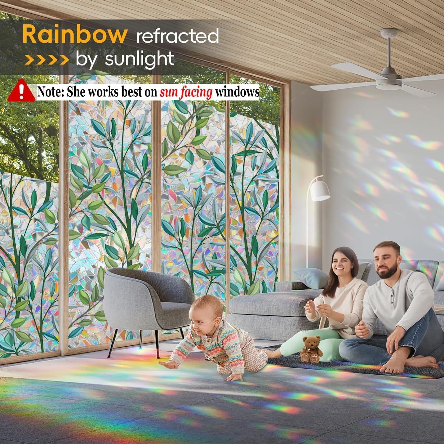 Enchanting Rainbow Privacy Window Film – 3D Stained Glass Effect, 17.5″ x 78.74″