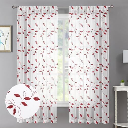 Leaf Sheer Curtain Leaves Embroidered 38″W x 63″L (Pack of 2) Burgundy Red