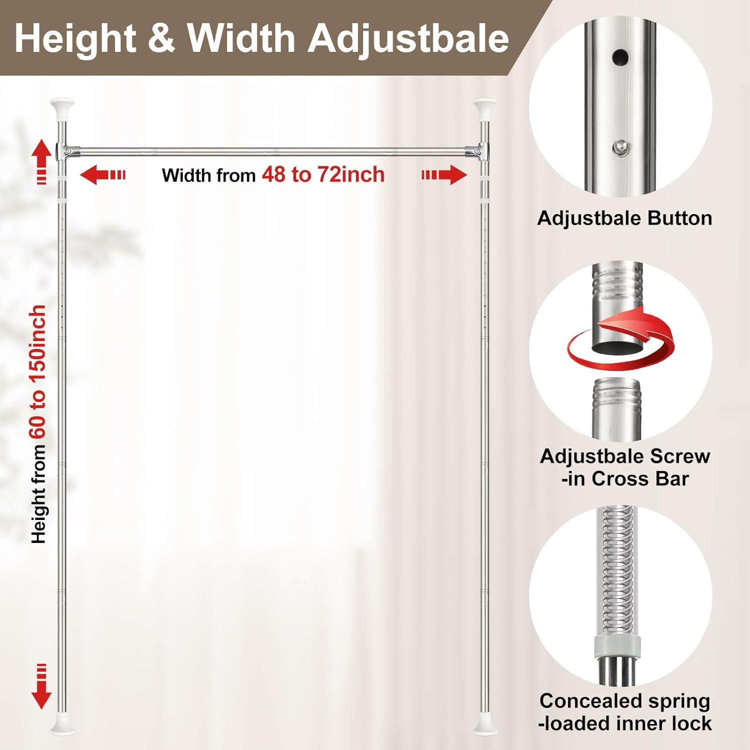 Room Divider Partition size 28″-70″ Wide x 48″-120″ High Tension Rod pole Silver