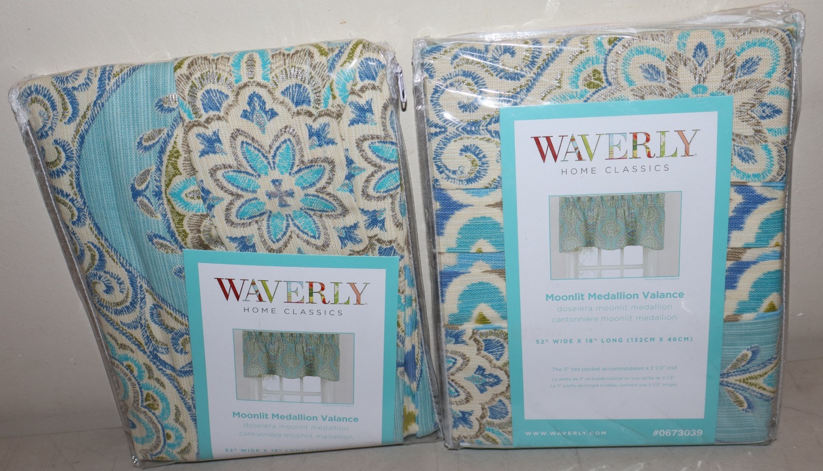 Waverly Moonlit Medallion Window Treatment Valance 18×52 NEW Blue Green Set of 2