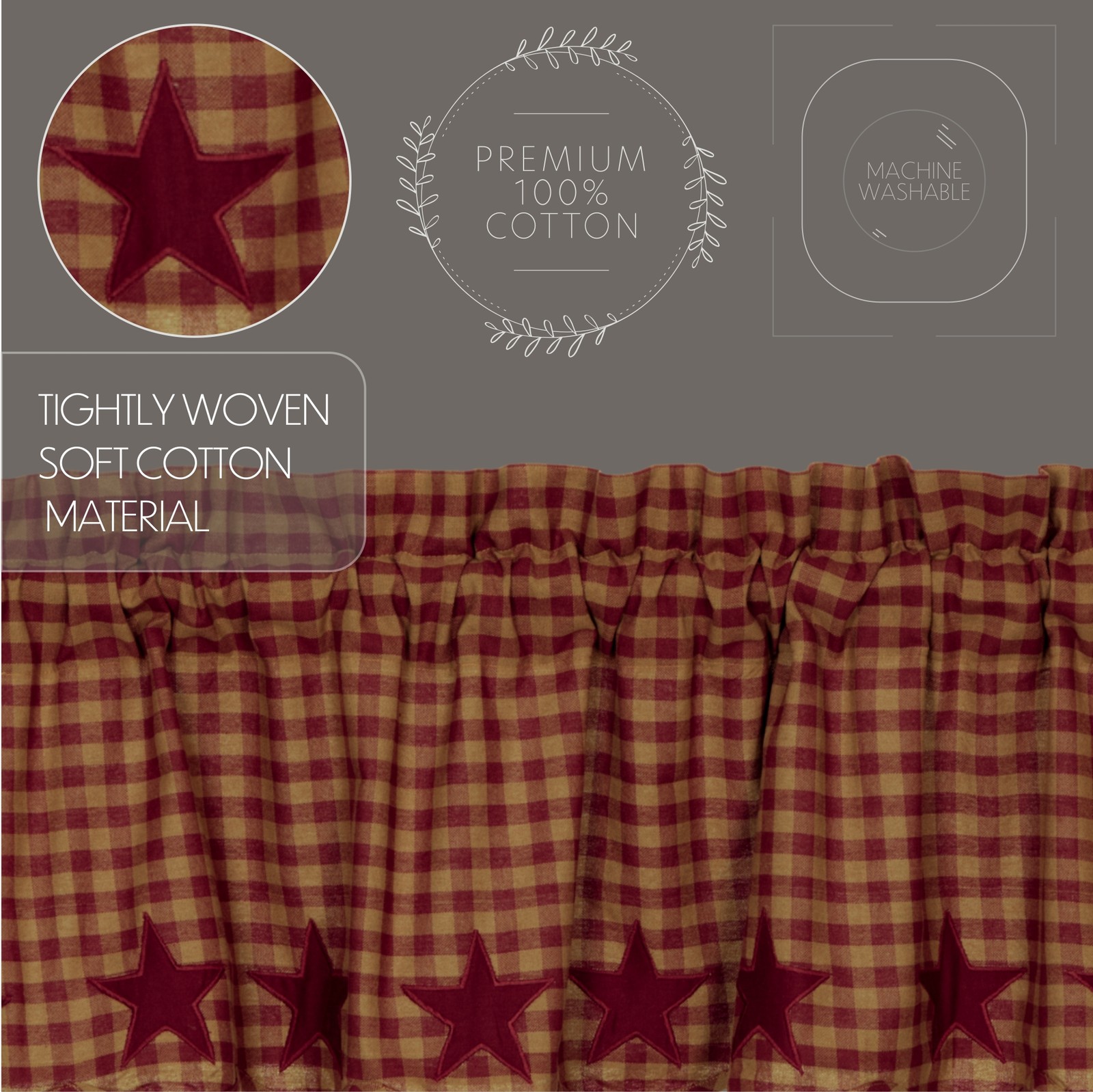Primitive 36″x36″ Tier Pair Red Rod Pocket Kitchen Window Curtains VHC Brands
