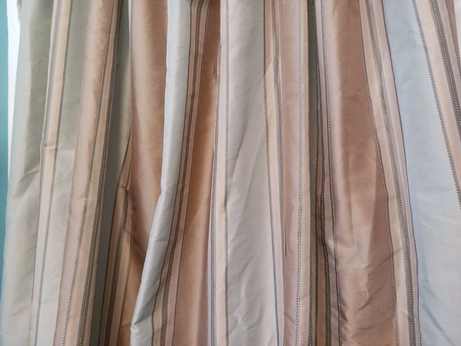 Set 2 Pinch Pleat Drapes Taupe Sage Stripe Lined Panels 36″ X 82″ each Faux Silk