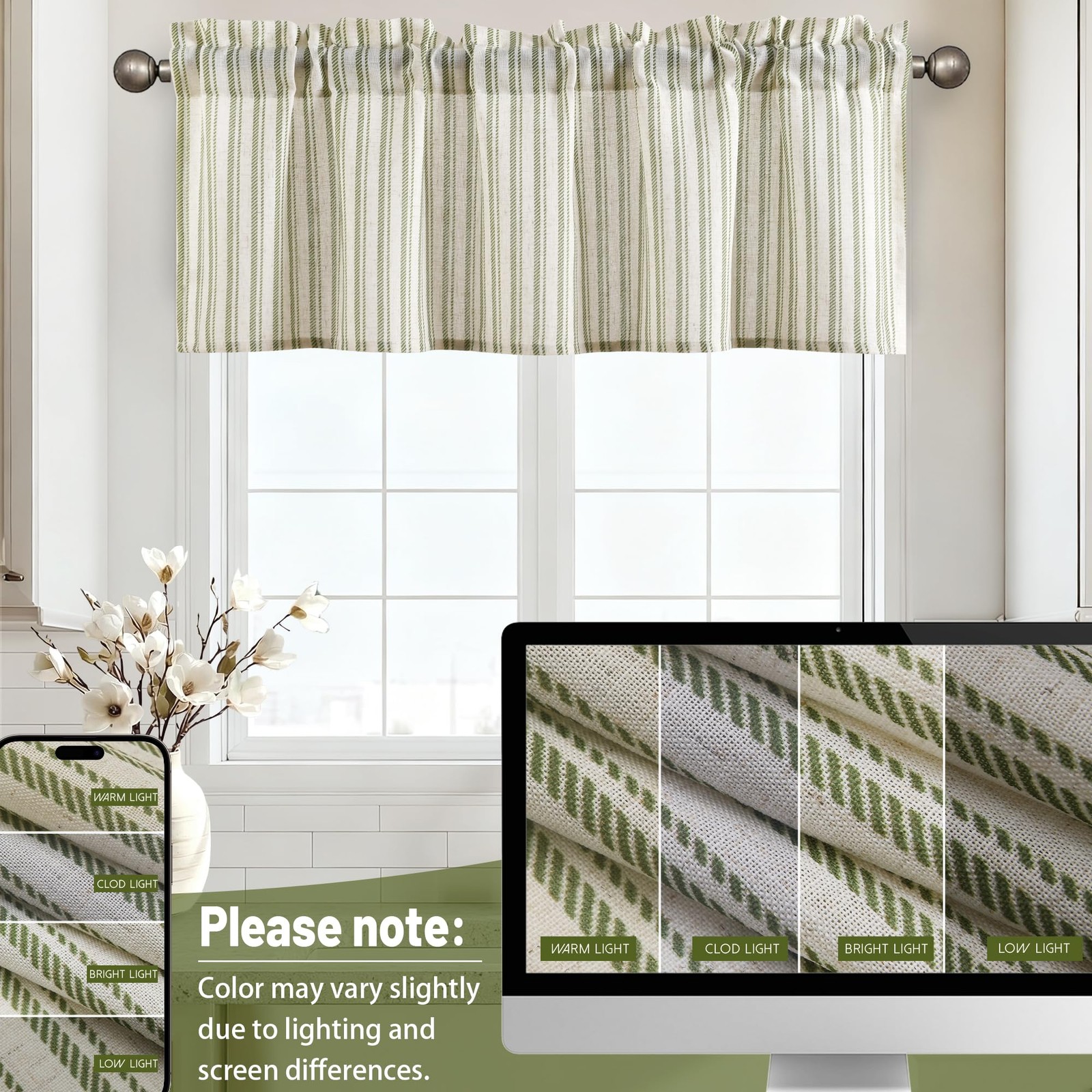 52×18 Inch Kitchen Valance – Thick Textured Linen Striped Window Valance Curt…