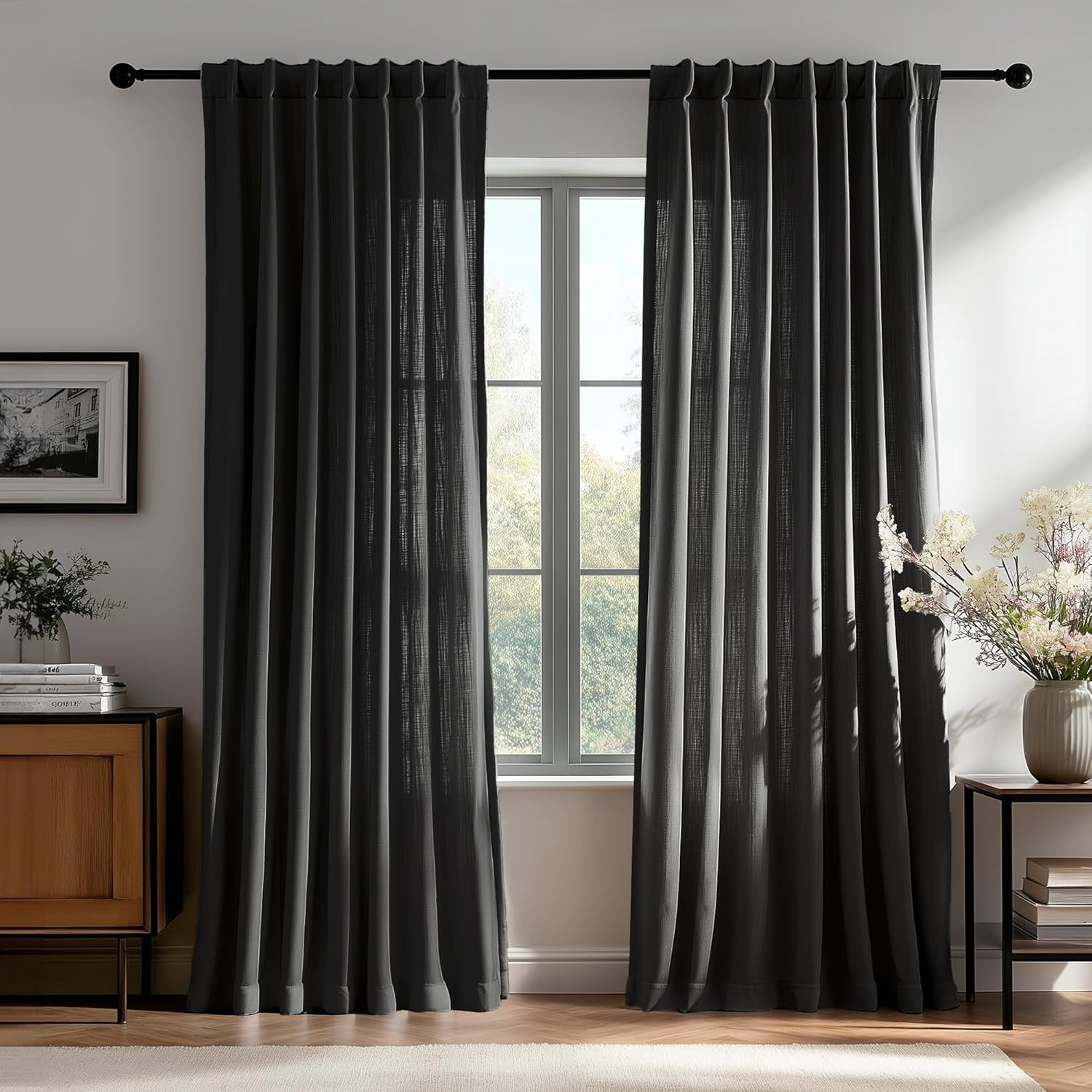 Black Linen-Blend Semi-Sheer Curtains, 2 Panels, 50×84 Inches