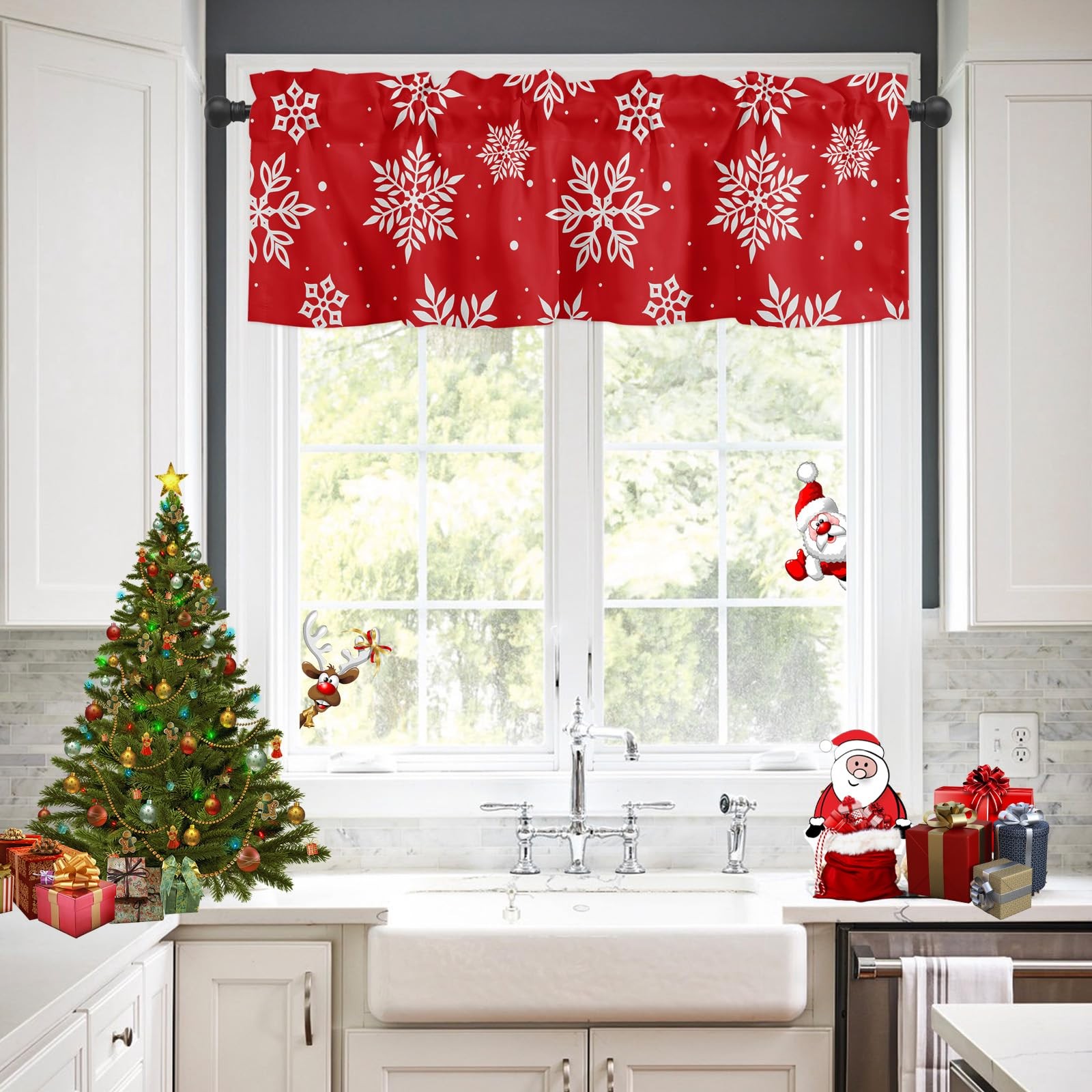 Christmas Window Curtain Valance for Kitchen Bedroom, Snowflakes Printed Red …