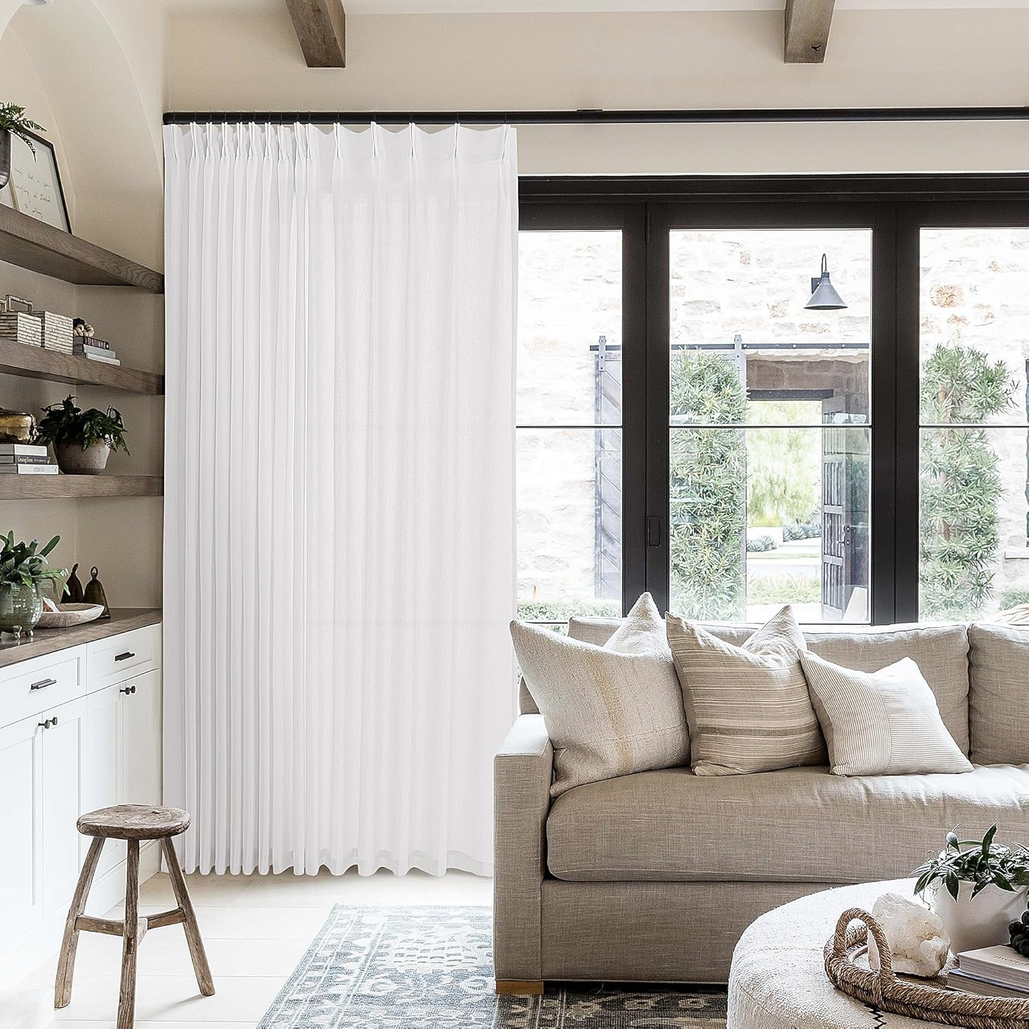 Extra Wide 96″ Pleated White Linen Curtains for Patio Sliding Door