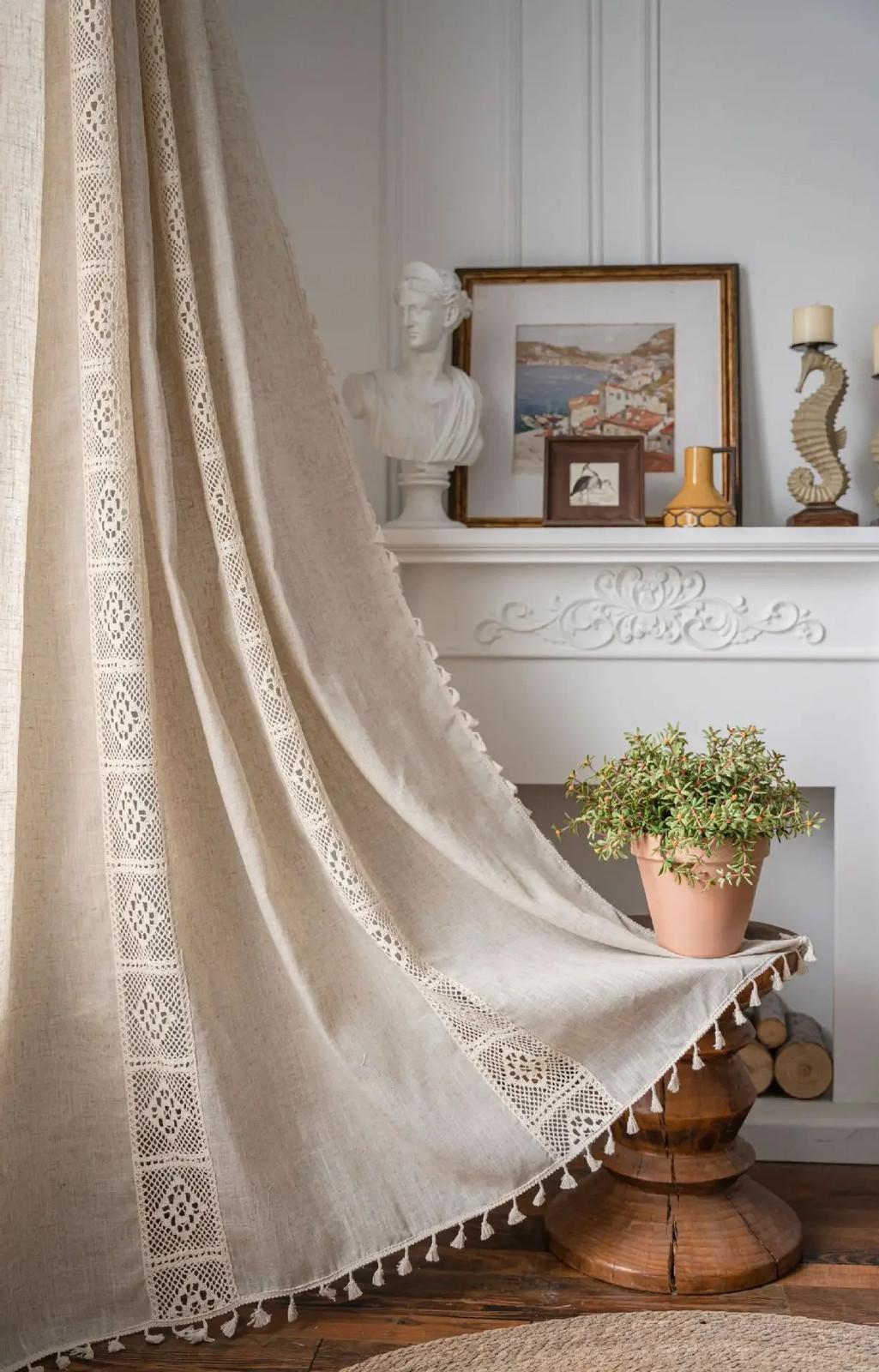 Linen Semi Blackout Curtain 1 Panel Handmade Cotton Burlap Stitching Lace Tassel