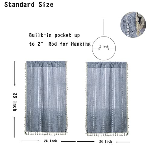 Boho Kitchen Curtains 36 Inch Length French 24″W x 36″L (Pack of 2) Blue