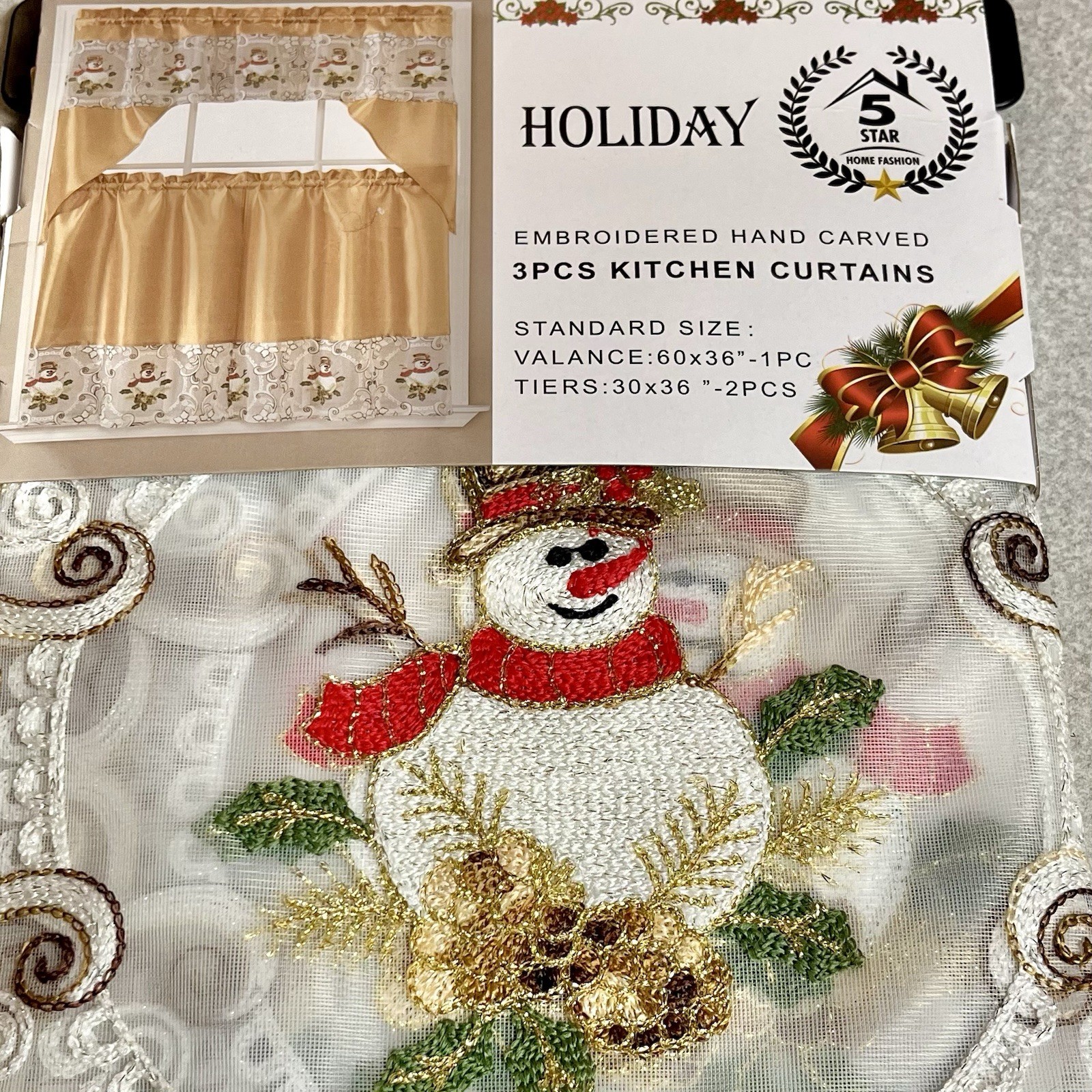 NEW 3-pc Set SNOWMAN CHRISTMAS Kitchen Curtain GOLD 60×36 Valance/2 30×36 Tiers