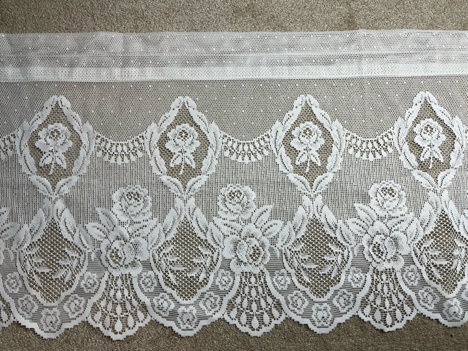 VTG Lace Curtain Valance 58X18″ Ivory Rose Floral Cottage Country Farmhouse USA