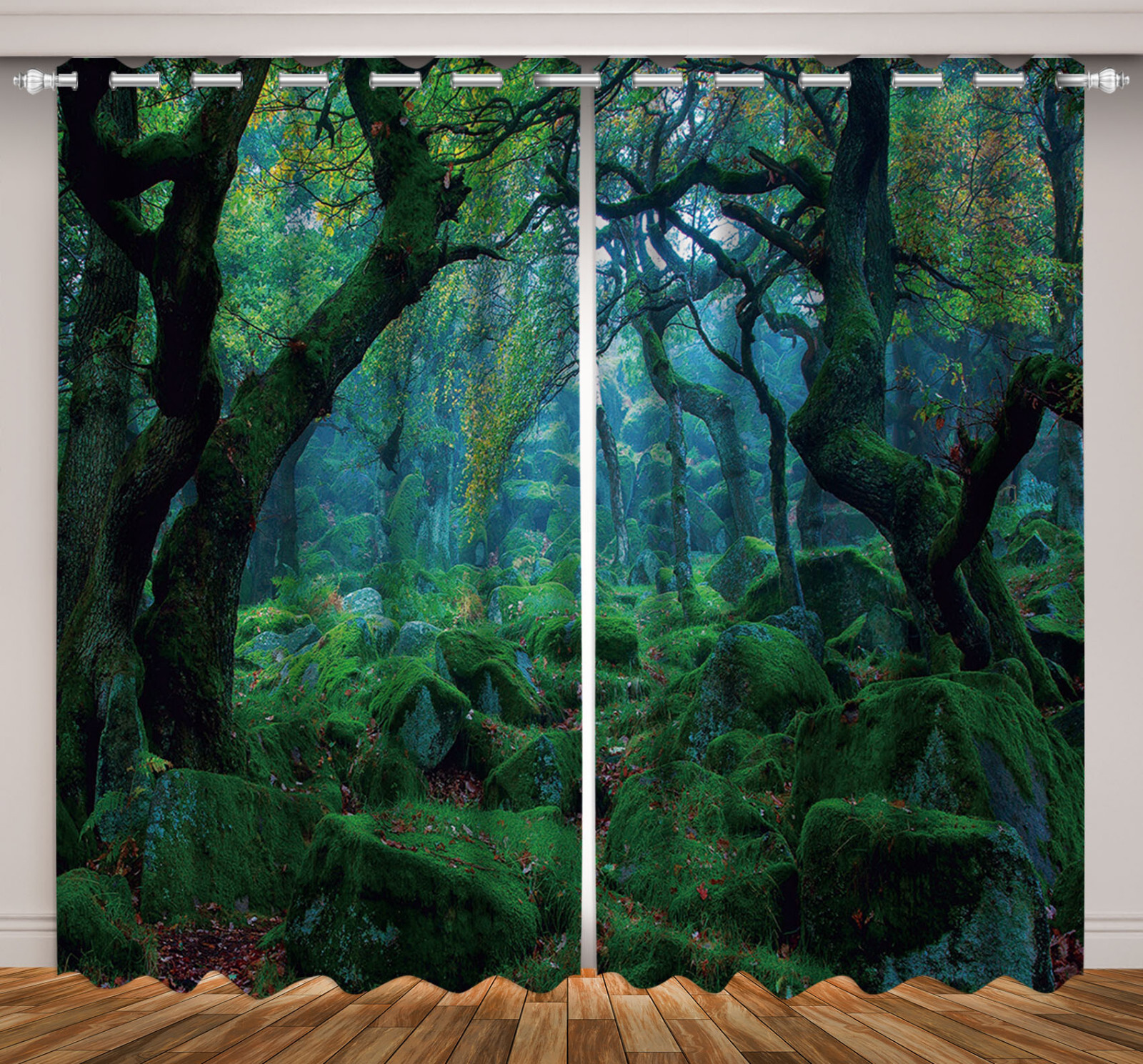 Green Jungle Tree Landscape 3D 2 Panels Window Curtains Blockout Drapes Fabric