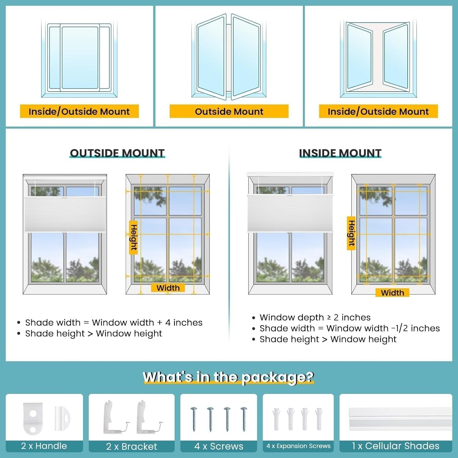 Grandekor Top Down Bottom Up Cellular Shades Cordless, 35″ W x 64″ H, White