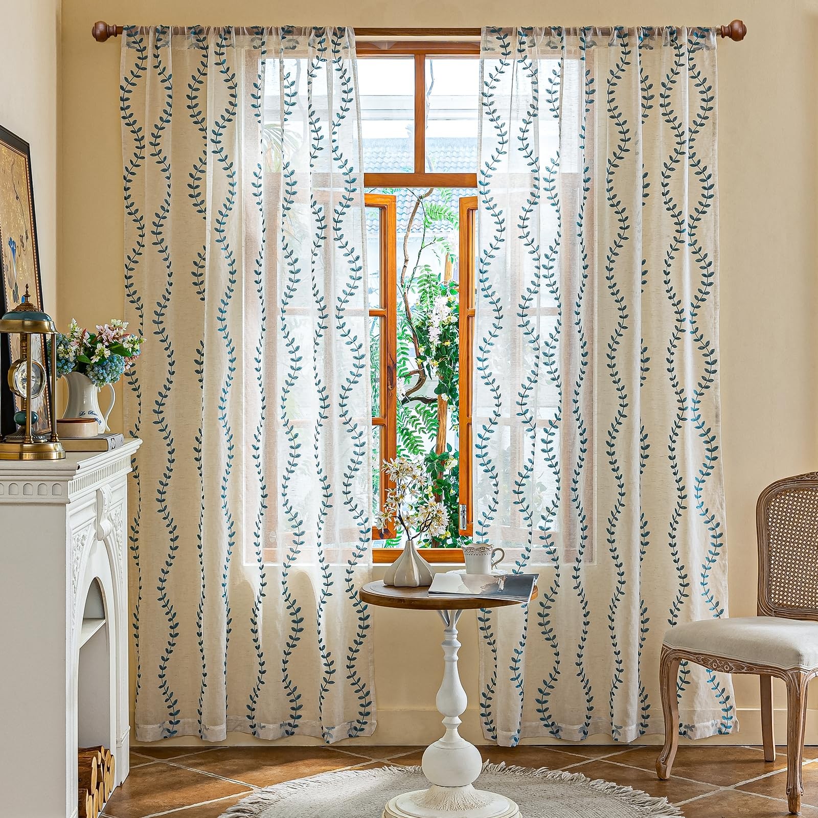 2 Panels Linen Leaf String Floral Embroidered Semi Sheer Curtain Farmhouse Vo…