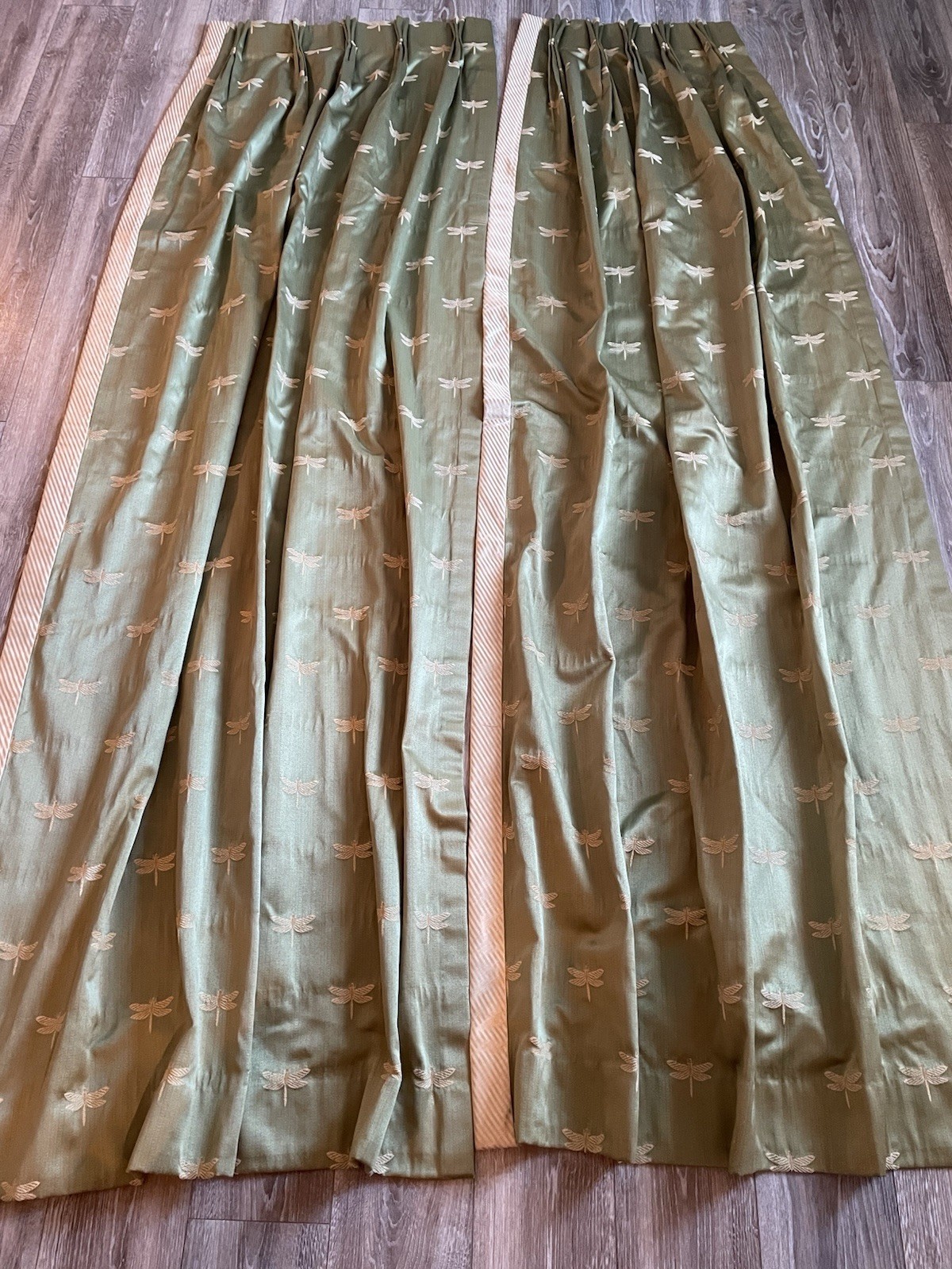 Eco In Pistachio Italian Made Dragonfly Damask Drape Panels (2) Cream Trim