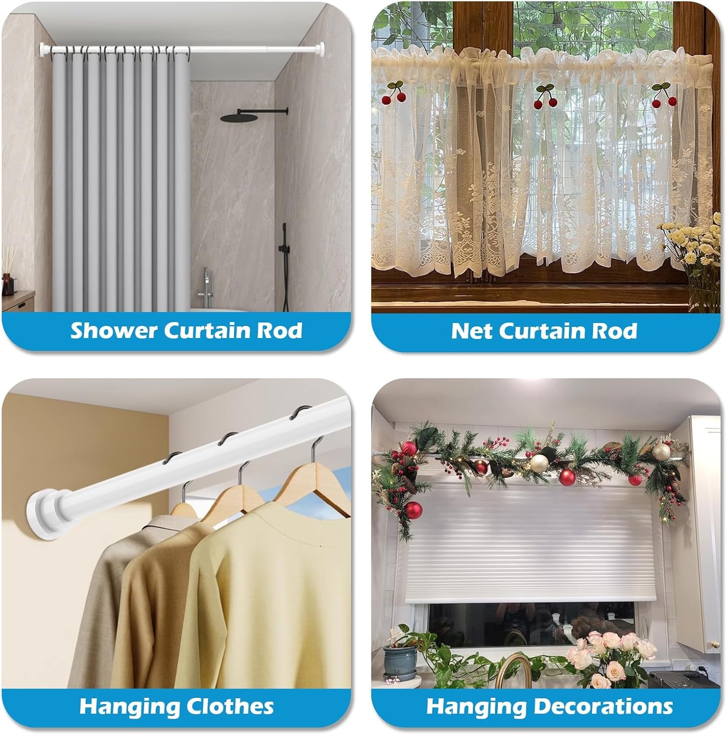 Spring Curtain Rod 33 to 56 Inch Adjustable White Curtain Rod No Drilling