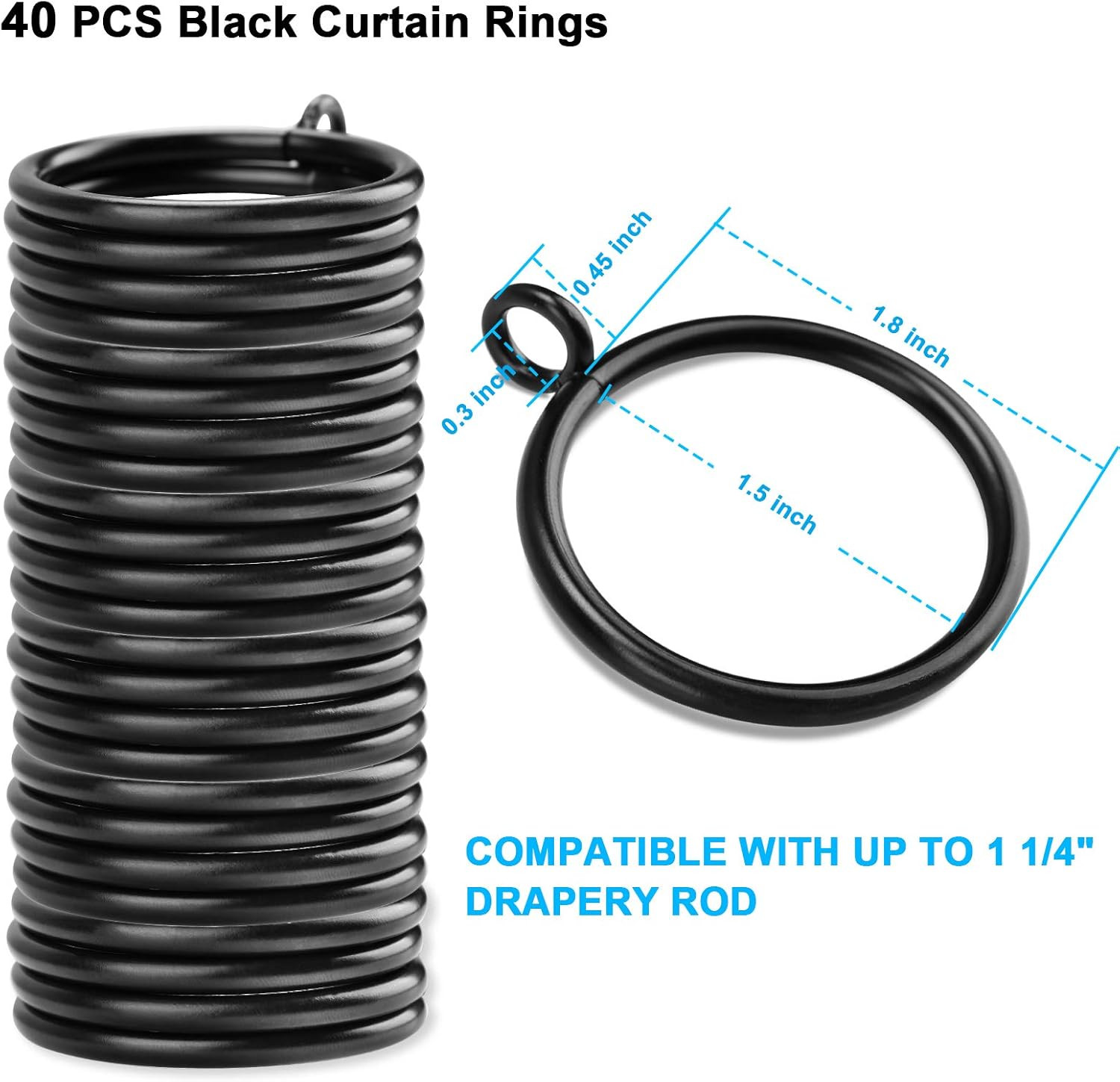 40 PCS Black Curtain Rings, Curtains Ring with Eyelet Apply for up to 1 1/4-Inch
