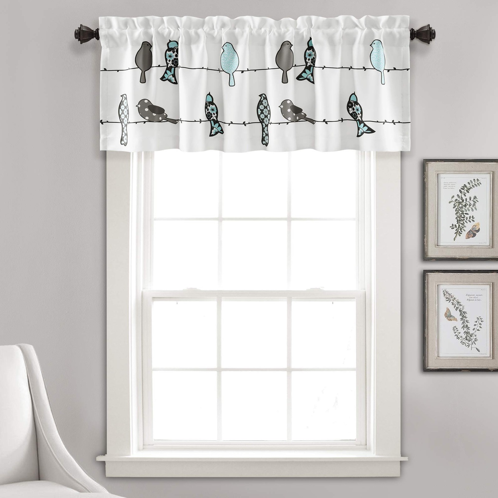 Light Filtering Bird Valance Curtain 52″ W x 18″ L – Blue Gray Floral Decor