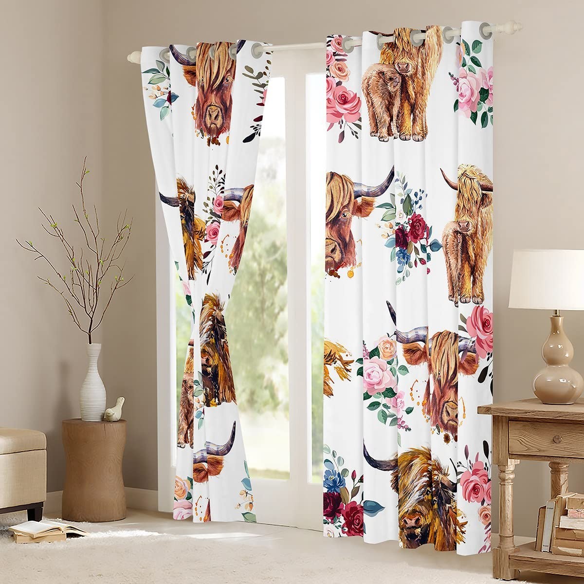 Highland Cow Darkening Drapes Girls Cute Highland Cattle Blackout Curtains Pi…